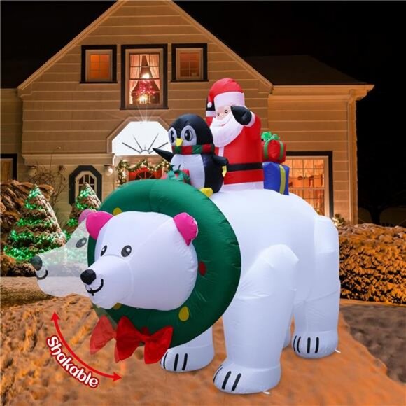 7.7FT Christmas Inflatable Santa Claus Riding Polar Bears with Shaking Head